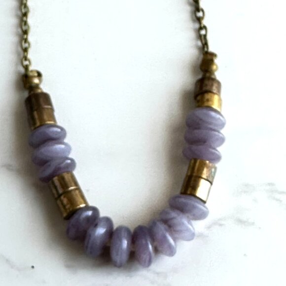 Purple Glass Disc Bead Choker Necklace With Brass Accents 14" Handmade Jewelry - Picture 6 of 8